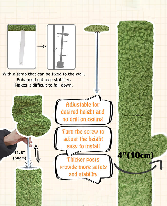 96-108 inch Adjustable Height Floor to Ceiling Cat Tree with Cat Condo and Scratching Post 33 Floor to Ceiling Cat Tree 8