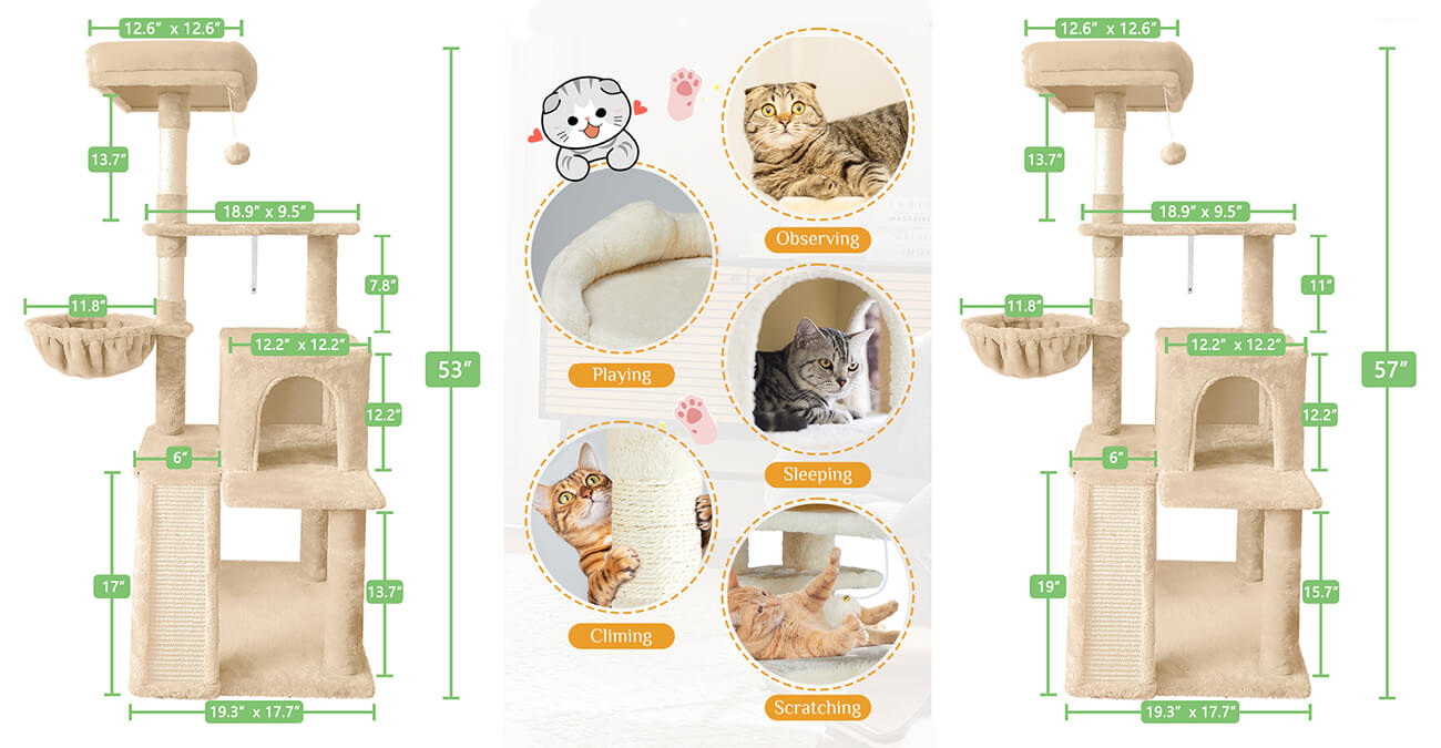 57' Multi-Level Cat Tree Furniture With Perch Cozy Cat Tower Cat Condo and Scratching Post 34 Multi Level Cat Tree 3